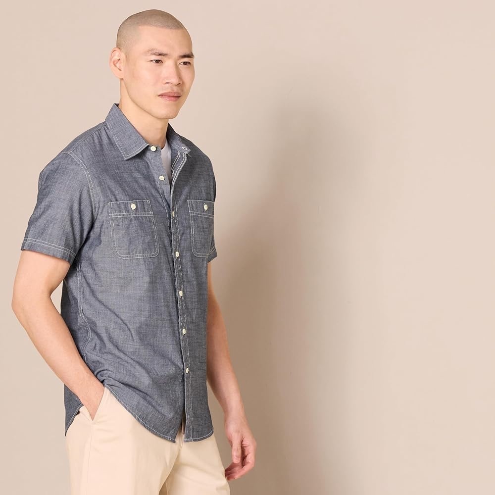 Amazon Essentials Gray Denim Chambray Casual Button Down Shirt for Men